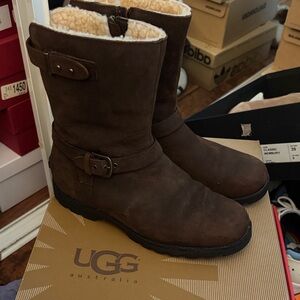 UGG Brown Suede Shearling Mid-Calf Boots with Buckle